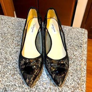 LK Bennett black lace pumps with jewel accents